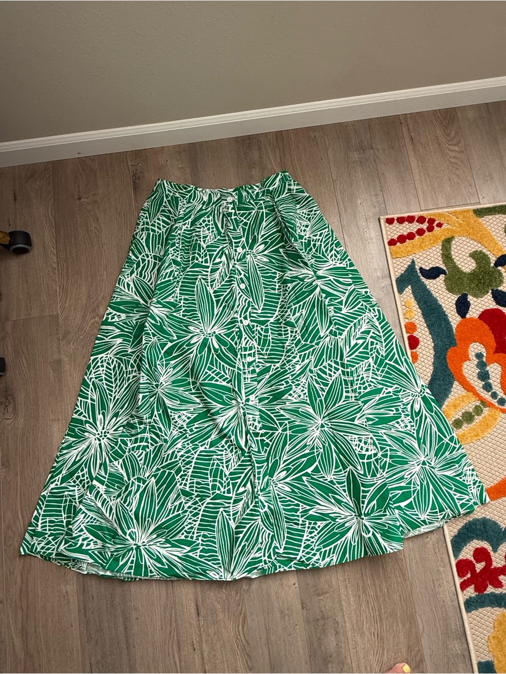 Green Floral Maxi Skirt with White Leaf Print